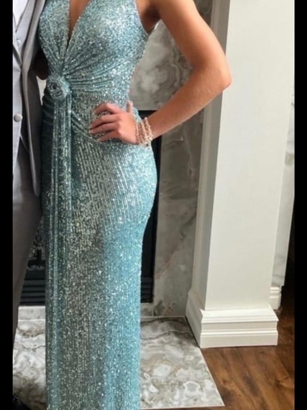 Nicole Bakti Sparkling Light Blue Sequin Evening Dress